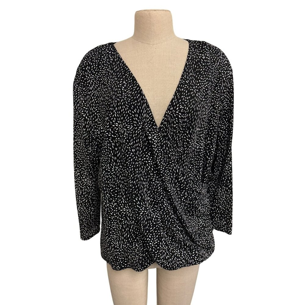 Vintage V Neck Black White Draped Front Long Sleeve Top